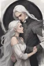 Placeholder: Strahd Von Zarovich being kissed by a beautiful woman with white hair, wearing an off the shoulder dress. Settling and background are a lavish toomb with an ebony coffin.