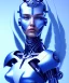 Placeholder: A beautiful portrait of a cute cyborg woman blue color scheme, high key lighting, volumetric light high details with white stripes and feathers and indian paterns and wimgs