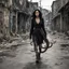 Placeholder: a woman with dark hair and octopus legs, walking along a derelict street