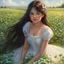 Placeholder: A beautiful girl in a white dress sits surrounded by a field of clover. Masterpiece, best quality, oil pastel style, oil pastel painting, inspired by Thomas Kinkade, beautiful details, painted by Willem Haenraets, high quality, 4k