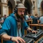 Placeholder: A bearded DJ with a hat on his head at the DJ console, many electronic consoles around, play middle street of medieval city,