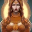 Placeholder: marigold goddess, beautiful face, dress, brown hair