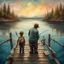 Placeholder: close up of loving Father and adorable young son fishing off a rickety pier, Impressionism, featuring cool pastel colors and loose brushstrokes, beautiful layers of colorful textured paint, epic artistic masterpiece, by Andy kehoe and Norman Rockwell