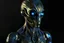 Placeholder: alien race, with metallic, intricately patterned skin resembling a live circuit board. His eyes glow with a soft blue light, and he's often seen in a jumpsuit covered in oil stains. toaster