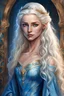 Placeholder: painting, Maegelle Targaryen, 16, epitomizes Targaryen allure with her shimmering golden locks, striking sapphire eyes, and a soft, heart-shaped face. Her slender frame, adorned with delicate features, accentuates her royal elegance, while her graceful movements reflect youthful innocence and curiosity. She wears flowing gowns in pale blues and teals, adding to her timeless charm.