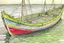 Placeholder: Drawing of a fishersboat, high detail, realistic, pencil drawing, colorfull, small boat, row boat, fishing, fisherman, fishing net.