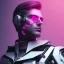 Placeholder: handsome, cute man, handsome man in futuristic suits, black and white highlight hair color, pink and purple background, pink lighting, deep purple backlighting, gun, smoke, robot suits