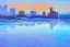 Placeholder: Futuristic cyberpunk building foreground, frozen lake, impressionism painting