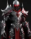 Placeholder: silver metal demon armor with crimson trim, glowing red eyes, long crimson cape