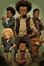 Placeholder: Give me the art-style of the boondocks with a poster of the main cast from TWD Series. Add guts from Berserk and griffin eating a small baby deer.