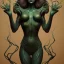 Placeholder: This spider woman is a formidable creature, with the body of a human woman and the head and legs of a spider. Her skin is covered in shimmering black scales, and her eyes glow a bright, otherworldly green. She is fast and agile, able to climb walls and ceilings with ease. She has venomous fangs and sharp claws, and she can spin webs of magical energy to ensnare her enemies. She is intelligent and cunning, and she is feared by all who encounter her in the realm of fantasy. She is often summoned b