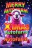 Placeholder: Design an over-the-top, 1990s-style movie poster featuring a flamboyant, festive sheep with Santa's jolly characteristics. Capture the campy, glitter-filled spirit of a holiday extravaganza. Display 'Merry Xmas Autofarm' prominently in bold, rainbow letters, surrounded by sparkling lights, glitter, and festive decorations. Use bright, vibrant colors and playful design elements to evoke a sense of retro holiday magic and fabulous fun