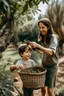 Placeholder: A mother picking olives from the tree and a son holding the basket sideways and happy