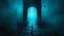 Placeholder: passage over nothingness, surreal, dark and cold abstract artwork dominated by deep blue, icy cyan, charcoal black and muted steel-grey tones. An narrow passageway emerges from an abstract distorted weird landscape, surrounded by thick fog and drifting mist. The space feels nightmare, alien and unsettling, with floating circle and line geometric forms, black onix column architectural fragmented and unnatural perspectives. At the center of the composition cracked stone way over abyss