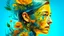 Placeholder: blue background, 18th century, double exposure, portrait Woman 43 years old, wind, flowers, tears, plants, yellow, blue, green, orange colors, bright, drops, detailed, fine drawing, high detail, high resolution, 8K, tattoo, city, double exposure,