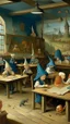Placeholder: Bosch painting style nightmare, a children class room all children’s sitting on the desks are ghost