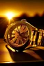 Placeholder: Generate an image capturing the warm glow of a men's solid gold watch during the golden hour, highlighting its radiant beauty against a stylish backdrop.