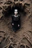 Placeholder: Closeup tall Girl goth with big eyes, fullbody, ragged clothes, behind mud and rats, extended like roots, the perspective looking up from the bottom of an empty well , 8k,macro photography,