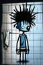 Placeholder: 2d drawing of a stickman, cool with punk hair, x eyes like in hangman, dressed in a shower towel,leaning against a wall,3d realistic in colour