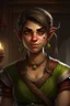 Placeholder: Dungeons and dragons orc young woman. She has orc skin. She is kind. She is handsome. She has nice eyes. She has short hair. She is strong. She is in a tavern. She has broad shoulders. She has a large jaw. She wears casual peasant clothes. Realistic style