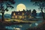 Placeholder: museum quality color woodcut landscape of a fanciful 1920's ramshackle French country cottage nestled on the banks of the Dordogne River, on a foggy moonlit night, in the style of Gustave Baumann, with a fine art aesthetic, highly detailed, finely cut ,8k render, soft early summer colors