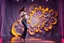 Placeholder: modern stage with gray-dark yellow blueish violet theme artistic decoration , color full dynamic lighting, a beautiful lady in pants and blouse with shining silver jewels dancing, 3D recursive fractal structure animating background