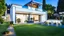 Placeholder: big beautiful modern villa with a large garden and grass and flowers in front and stone pavements