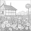 Placeholder: GARDEN HOUSE, "Floral Symphony: Create a masterpiece with the harmonious blend of garden blooms, side view, realistic, coloring page, only draw lines, coloring book, clean line art, wildlife-inspired, kid style, –no sketch, color, –ar 3:4, white background, minimalistic black lines, 8k, minimal black color, low level black colors, coloring page, use pure black and white colors, avoid thick black colors, thin black line art, avoid colors, perfect shape, perfect clear lines, clear edges,