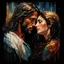 Placeholder: jesus crying with and hugging a woman at the gates of heaven, colorful :: by Robert McGinnis + Jeremy Mann + Carne Griffiths + Leonid Afremov, black canvas, clear outlining, detailed