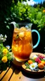 Placeholder: A tall pitcher of iced tea, with slices of lemon and peach floating inside, surrounded by a lush garden of blooming flowers.