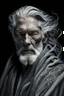 Placeholder: a photo of an White man with ethnic jewelry, grey hair and grey flowing robe, in style of Annie Leibovitz, contemporary portrait of a mature yet beautiful and modernist man, black and grey, detailed masculine face, swirling fluid smokey enigma, award-winning artwork