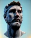 Placeholder: Ultra Realistic image, roman sculpture, marble deluxe material, Lionel Messi, Laurel leaves crown model, miguel angel style, chisel style, wide stripes brush blue paint, emperador, waist up portrait, cinematic lighting, God light, god rays, 4k resolution, smooth details, ornate details, soft lighting, unreal engine 5, sky background.