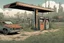 Placeholder: Gas station, overgrown apocalyptic city background,comic book,