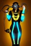 Placeholder: Realistic photograph. Geometric 3D tiling on the background, Egyptian woman, Whip. Bronze color, Yellow, Black Cyan. Cyber-punk full-mask. Big old AKG headphones, golden rings & disc. Selfie both hands. Asian, lightly armored, electronic circuits. Thick tights, thick calves, bend fell, wide hip, flat belly. Ancient artifact attached. Perfect body. Matrix movie clothes, Silver leather area, tippet, latex. Wicked sneakers. Daft Punk, Tron Movie. Haute Couture. 1990's. Ancient telephon