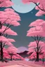 Placeholder: a land scape of Japanese garden, big red moon, red light, black sky, starlight night , surrounded by cherry blossom trees, cel shading