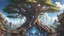 Placeholder: Highly detailed painted anime final fantasy artwork style, Giant tree, gorgeous shiny crystal tree Yggdrasil, at the bottom medieval fantasy city