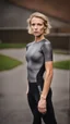 Placeholder: photography of a beautiful anorexic woman, grey satin triathlon top, sports illustrated, blond short wavy bob haircut, pronounced sternum, anthracite running leggins