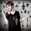 Placeholder: Realistic photo Russian shorthair tomboy with black magic evil forces amulet on the neck boyish face men's look boys face boylike in lacy girlish nightgown in girlish room with amulets of black magic and symbols of evil forces on the wall of the lord of evil and the king of the underworld of evil forces