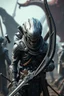 Placeholder: Aliens , d&d character art masculine features, with daggers light armour and a bow, deep coal-gray skin, 8k, 3d cgi, unreal engine 6, high detail, intricate, cinematic battle background