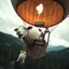 Placeholder: Horror movie still, Wide angle photograph, an excited sheep in a hot air balloon with a scared pig hanging from a rope dangling down from hot air balloon basket, forest and mountains in the background, cloudy skies, color photo, low contrast, absurd