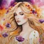 Placeholder: Alcohol ink art. Vibrant, fantasy, delicate, ethereal. A young woman, very long wild wavy, golden blond hair, bright orange and white poppies and magenta flowers woven through hair, very long eyelashes. Head thrown back. Faberge gold and gems details. Background ink drip.