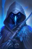 Placeholder: A humanoid raven with glowing blue eyes, leather straps, hooded, fantasy, digital painting, portrait, holding a longsword