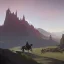 Placeholder:  mountains with medieval knight in armour traveling on a horse in the background