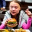 Placeholder: Greta Thunberg eating human meat burgers oozing with grease.full body, fantasy setting, real photo, soft lighting