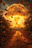 Placeholder: foreground with many falling leaves, behind is a nuclear explosion's mushroom cloud that looks more like a tree in fall, with explosion radiating outward, many leaves falling in foreground, ground is dirt and scorched with a road coming down the middle towards viewer, angelic fantastic lighting