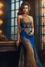 Placeholder: full body Office women, gorgeous, glamours, ,clean face, showing in 4k format, intricate work of magical art, movie poster, full body, gold and blue lace dress, in cg society trends, complex, very detailed bright, staged rendering of the character, super high quality model, beautiful face, background in style bokeh