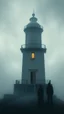 Placeholder: A building of light house by the stormy high wavocean all gray, a shadow of a three creatures with hood looking at the house , foggy, blurry , dark and , like horror movie ,mysterious,painted antique canvas of a Risograph Art of a Art ,into the moody backdrop creates an atmosphere of enchantment and mystery high resolution fine detailed textures fine colors scratches, cracks in the paint in the mix style of Joan Miro Gabriel Pacheco, antique extreme canvas textured, blurry old style