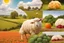 Placeholder: lifelike photography, vegetable and fruit landscape, broccoli forest, chive field, cauliflower sheep, orange sun, whipped milk clouds, raspberry flowers, cheese barn and haystack in sunshine