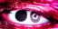 Placeholder: Extreme close-up of the human eye and robotic eye of a cyborg assassin, soulless, gleaming metallic pink to metallic red, cyberpunk technopunk, AbstractTech, rectangular, style of The Terminator