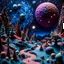 Placeholder: Detailed creepy landscape made of modeling clay, stars and planets, Roger Dean, Tim Burton, strong texture, Ernst Haekel, extreme detail, Max Ernst, decal, rich moody colors, sparkles, bokeh, odd